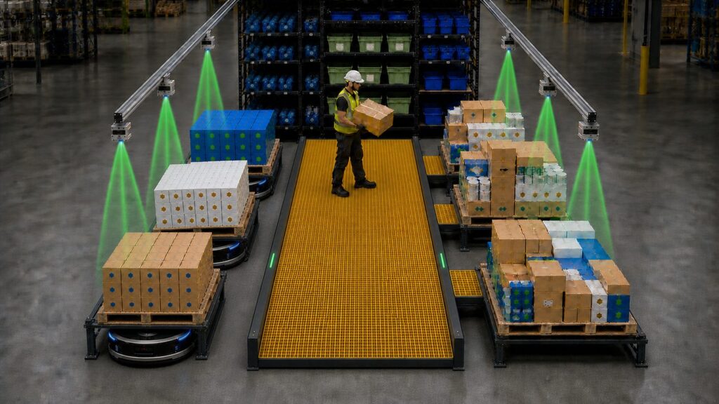 Advanced Hybrid Station — operator picking cases with MobilePallet AMRs and scan-every-unit vision system active