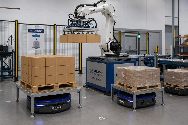 Prime Robotics Layer Picker station with MobilePallet AMRs — layer picking arm integrated as PES device