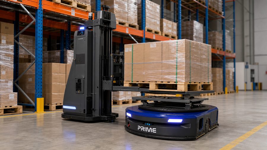 AGV forklift handing pallet off to Prime MobilePallet AMR — two-robot handoff orchestrated by PES