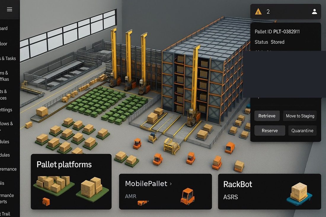 PES Site Manager 3D digital twin view of factory floor with MobilePallet and RackBot