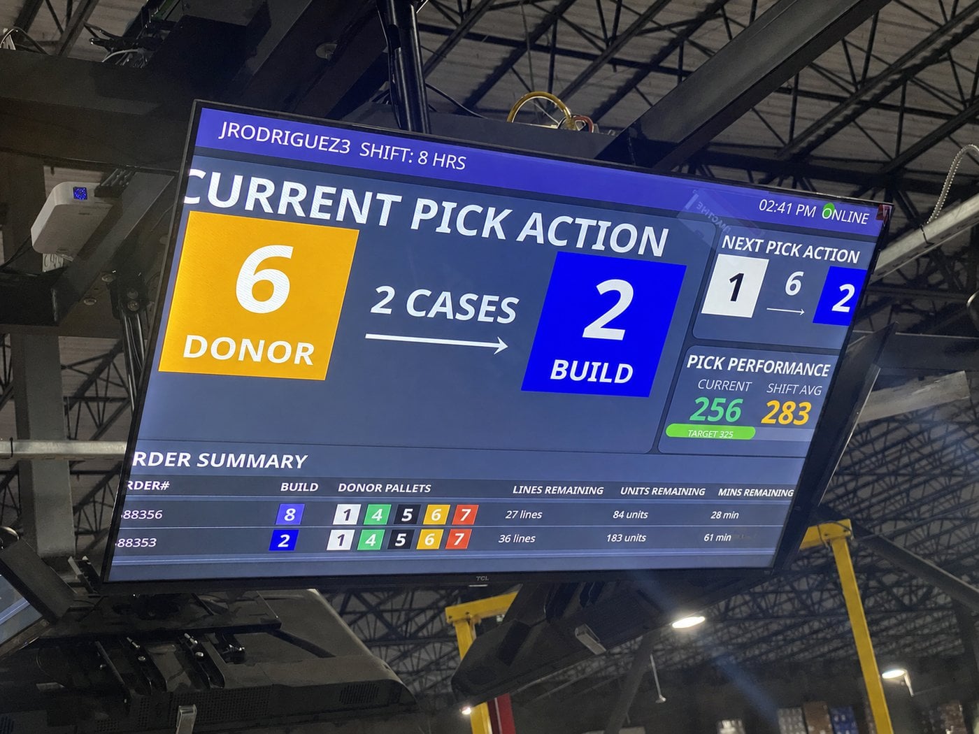 PMC live operational display at a deployed site — current pick action, operator performance, and order summary